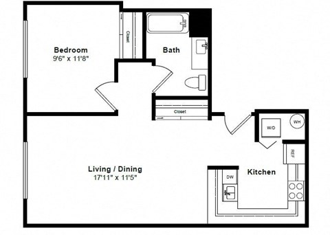 Floor plan for 1 bed, 1 bath, 617 sqft